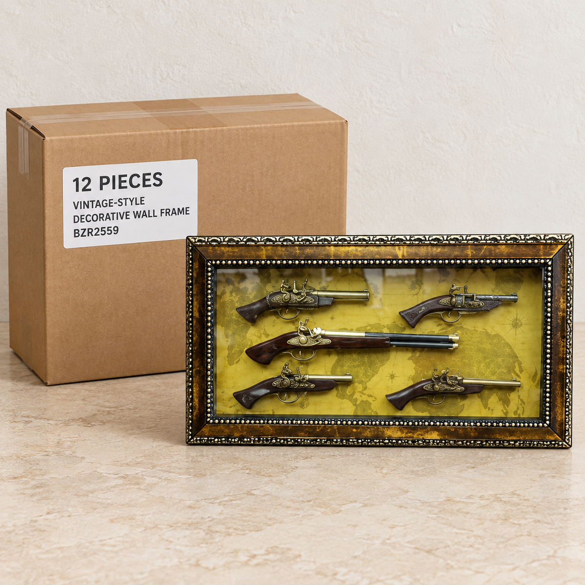 Vintage-Style Decorative Wall Frames — Box of 12 — 12 × Vintage-Style Decorative Wall Frame - BZR2559. Representative samples beside illustrative wholesale carton.