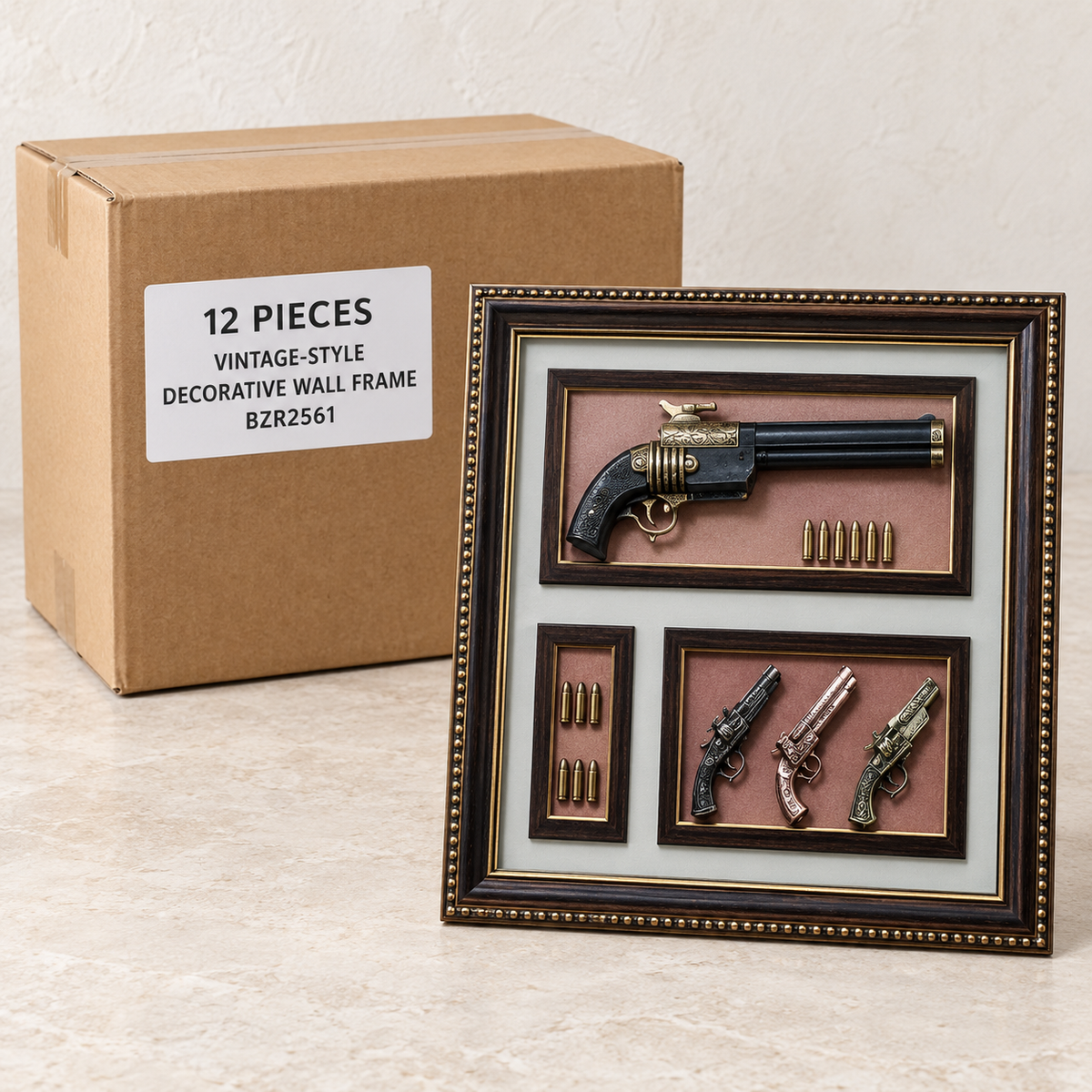 Vintage-Style Decorative Wall Frames — Box of 12 — 12 × Vintage-Style Decorative Wall Frame - BZR2561. Representative samples beside illustrative wholesale carton.