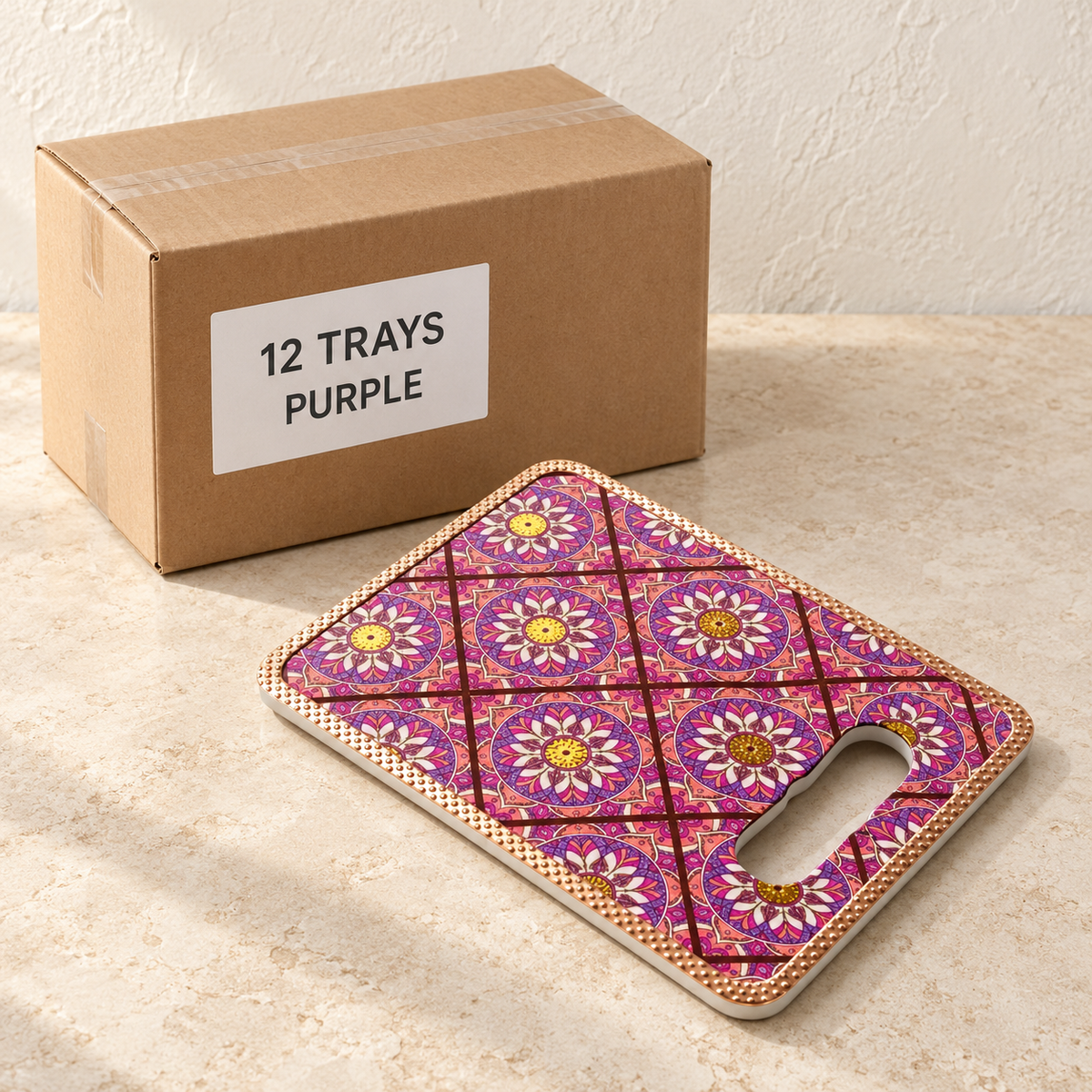Turkish Tile Serving Trays — Box of 12 — 12 × Purple. Representative sample beside illustrative wholesale carton.