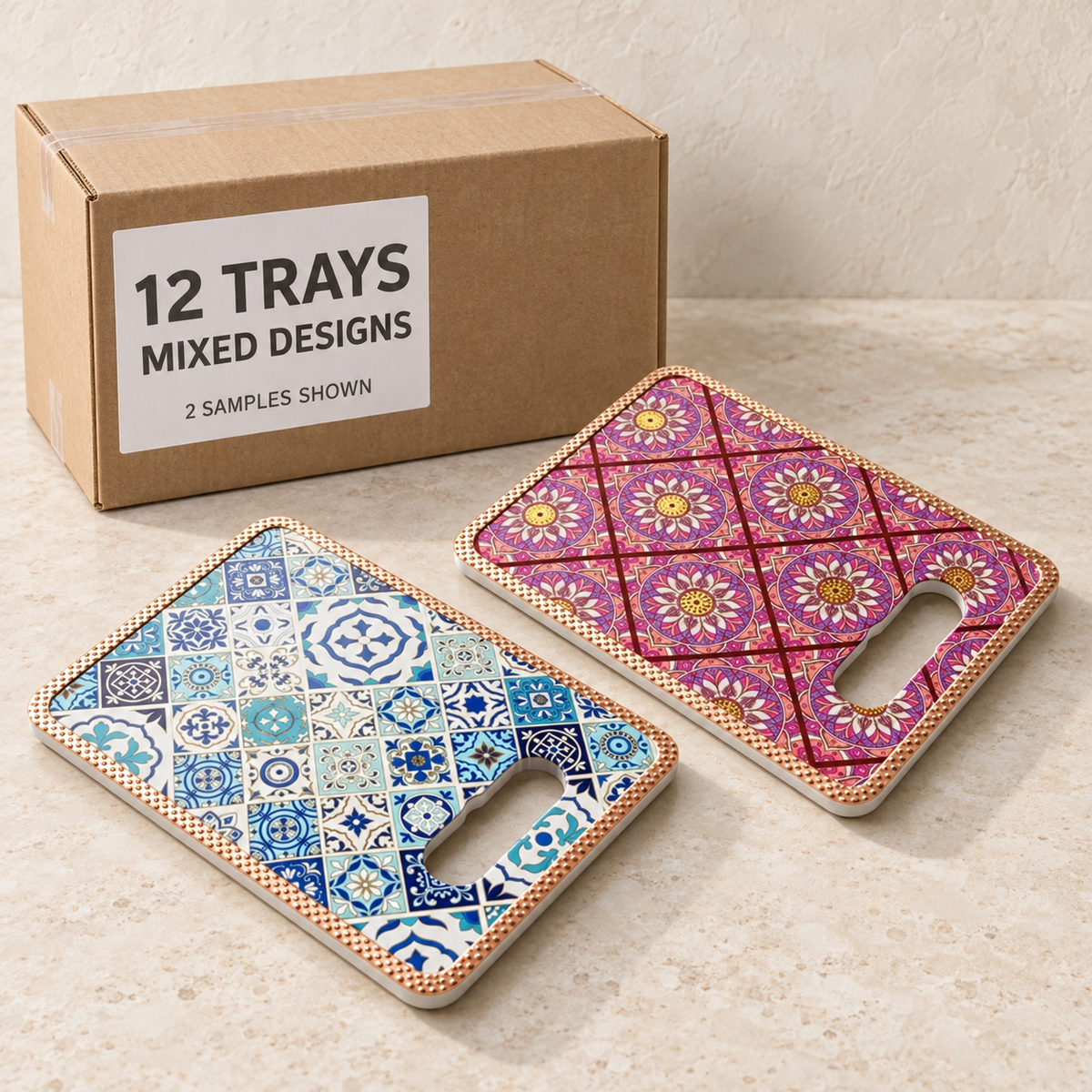 Turkish Tile Serving Trays — Box of 12 — Mixed box — 6 of each design. Representative sample beside illustrative wholesale carton.
