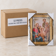 Religious Wall Frames — Box of 12 — 12 × Religious Wall Frame Mini 22X28 cm. Representative samples beside illustrative wholesale carton.