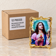 Religious Decor with Stands — Box of 12 — 12 × Religious Decor with Stand - Assorted Designs. Representative samples beside illustrative wholesale carton.