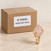 Rings — Box of 12 — 12 × Gemstone Rings. Representative samples beside illustrative wholesale carton.