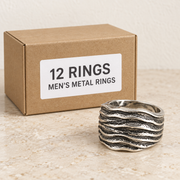 Rings — Box of 12 — 12 × Men's Metal Rings. Representative samples beside illustrative wholesale carton.