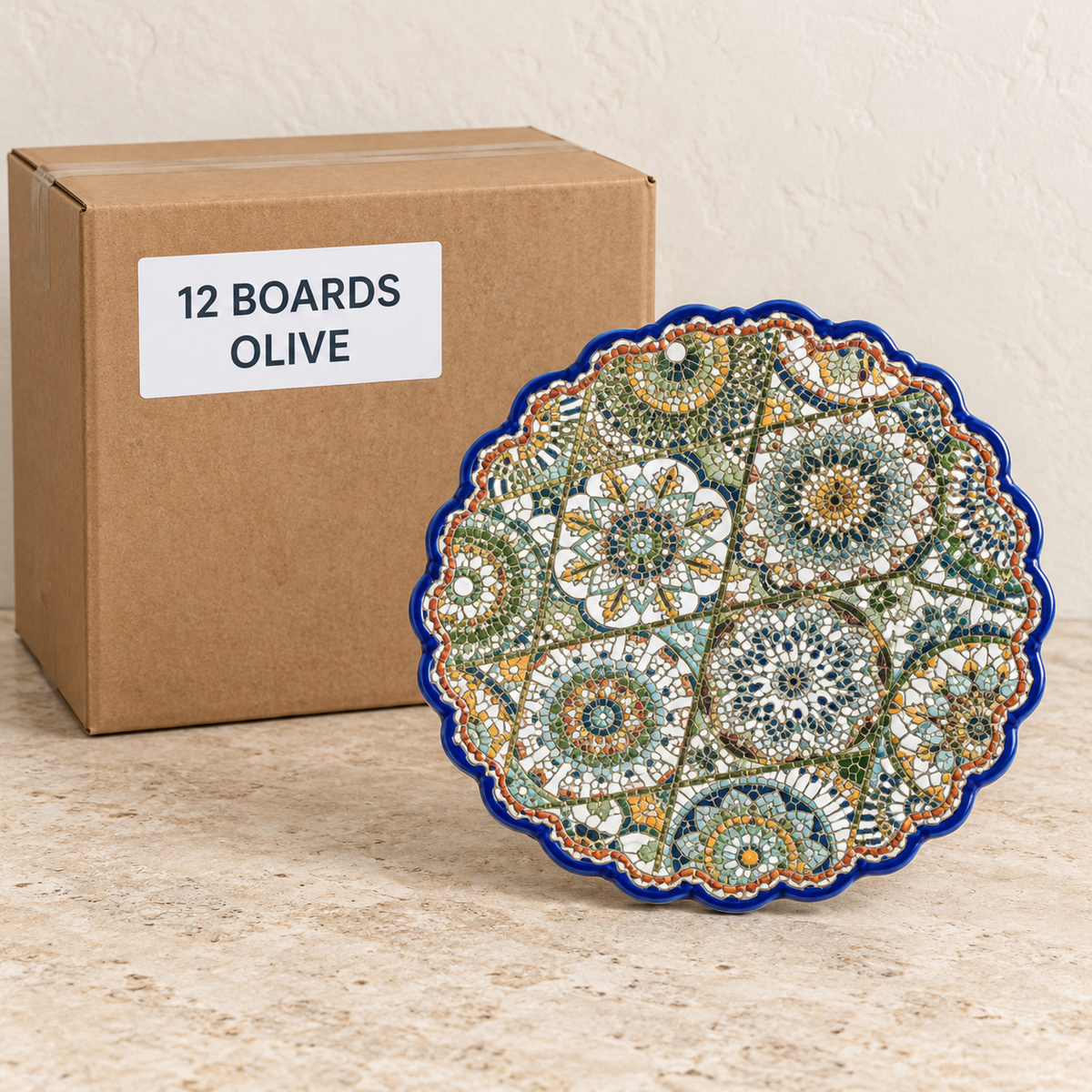 Round Tile Serving Boards — Box of 12 — 12 × Olive. Representative samples beside illustrative wholesale carton.