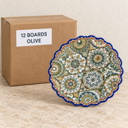 Round Tile Serving Boards — Box of 12 — 12 × Olive. Representative samples beside illustrative wholesale carton.