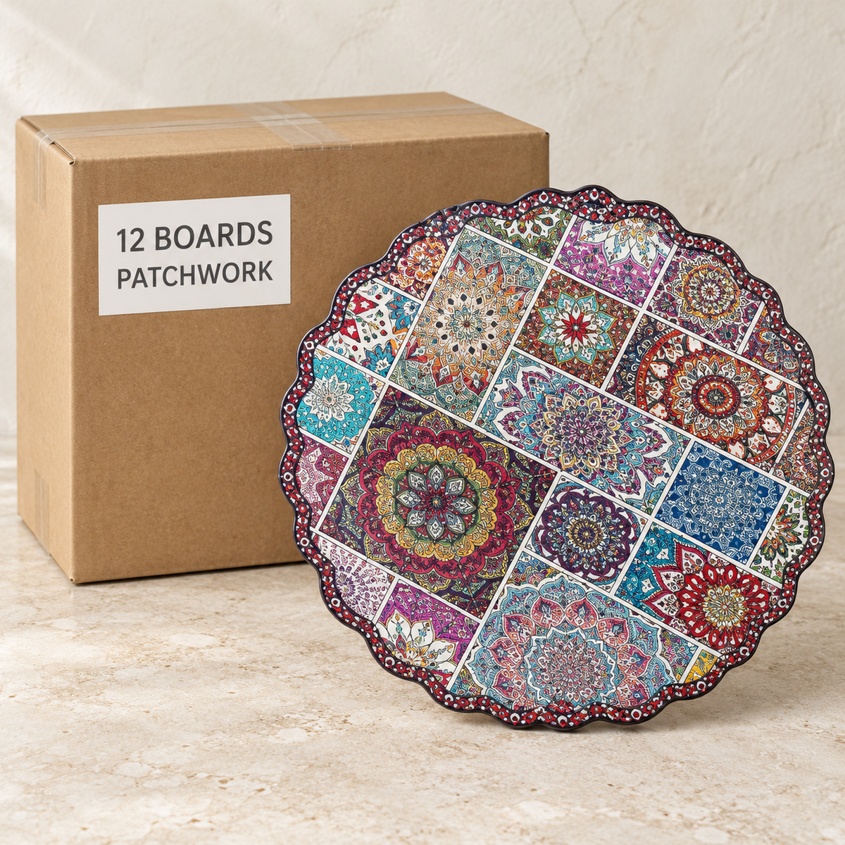Round Tile Serving Boards — Box of 12 — 12 × Patchwork. Representative samples beside illustrative wholesale carton.