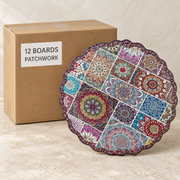 Round Tile Serving Boards — Box of 12 — 12 × Patchwork. Representative samples beside illustrative wholesale carton.