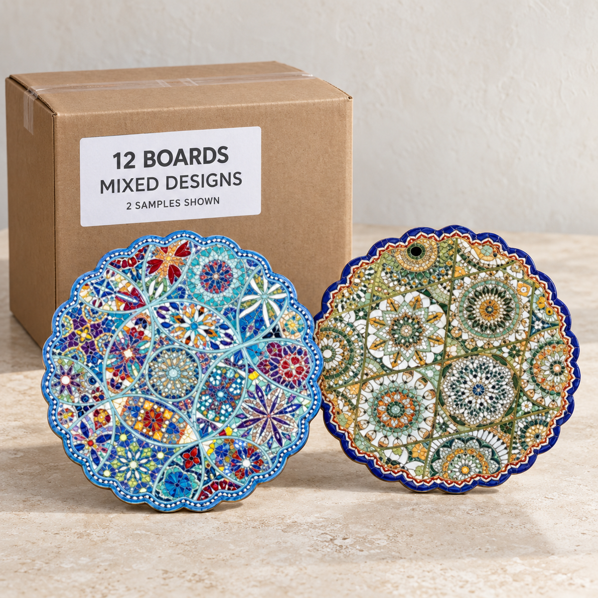 Round Tile Serving Boards — Box of 12 — Mixed box — 4 of each design. Representative samples beside illustrative wholesale carton.