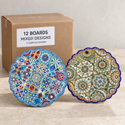 Round Tile Serving Boards — Box of 12 — Mixed box — 4 of each design. Representative samples beside illustrative wholesale carton.