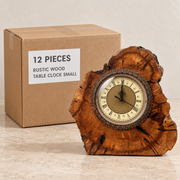 Wooden Table Clocks — Box of 12 — 12 × Rustic Wood Table Clock - Small. Representative samples beside illustrative wholesale carton.