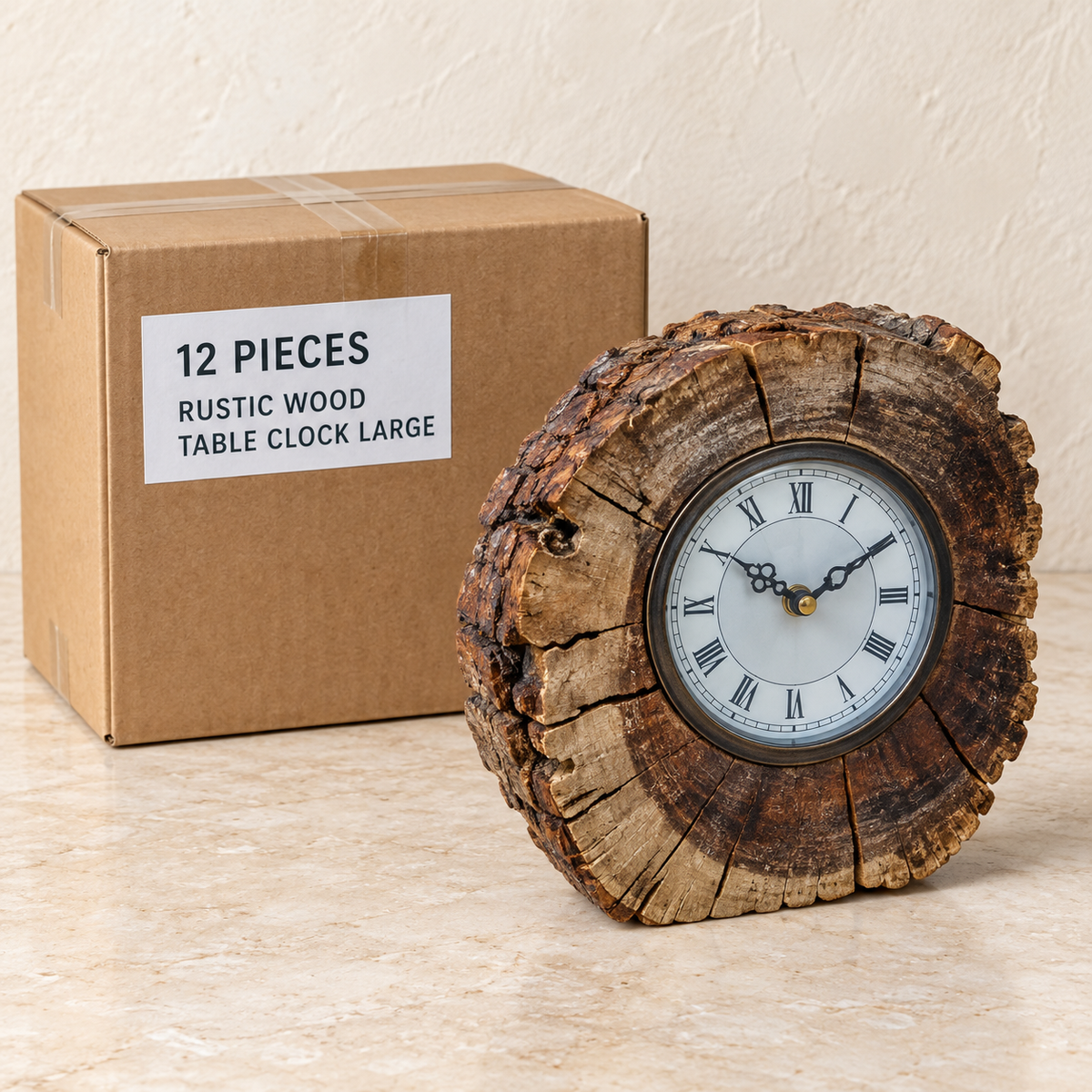Wooden Table Clocks — Box of 12 — 12 × Rustic Wood Table Clock - Large. Representative samples beside illustrative wholesale carton.
