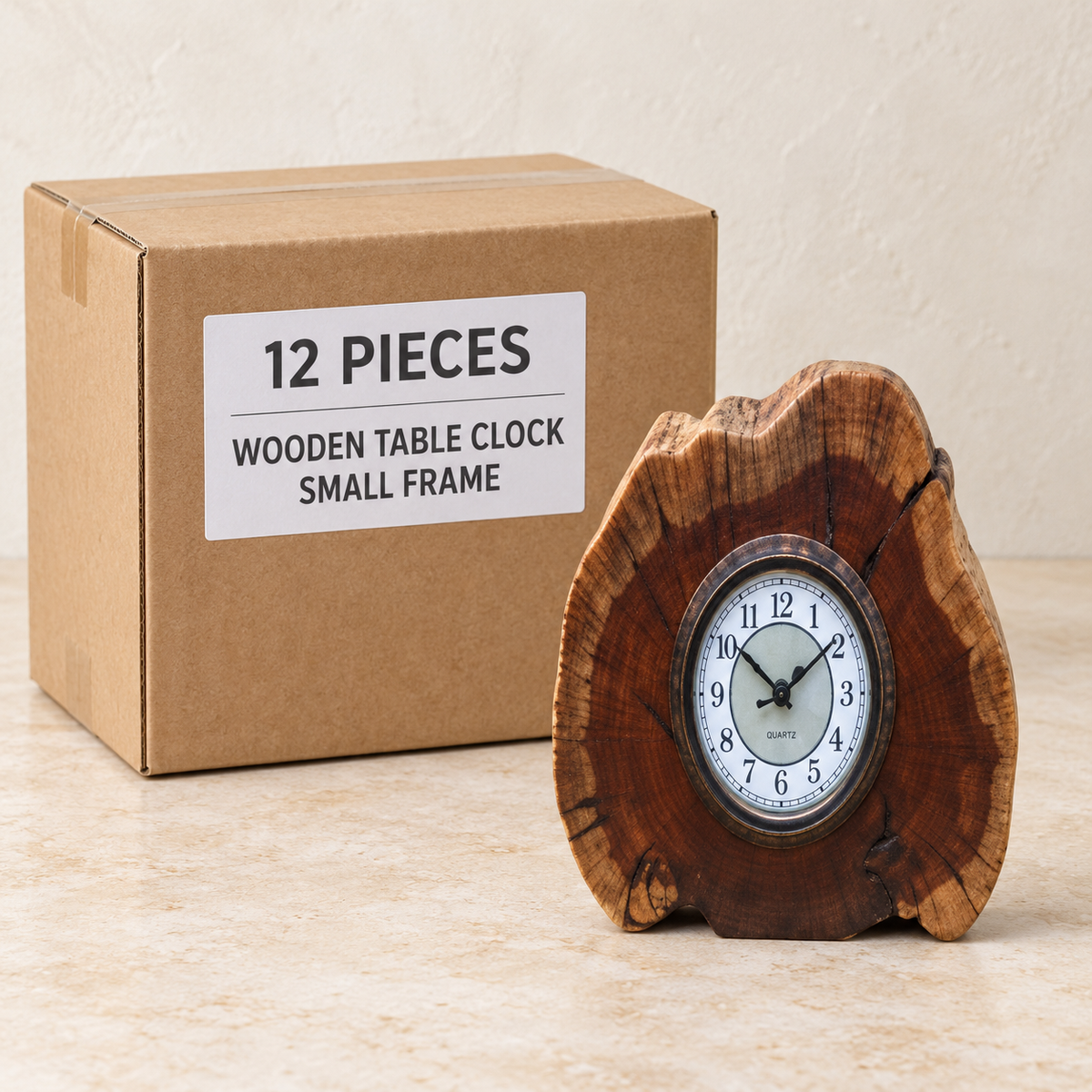 Wooden Table Clocks — Box of 12 — 12 × Wooden Table Clock - Small Frame. Representative samples beside illustrative wholesale carton.