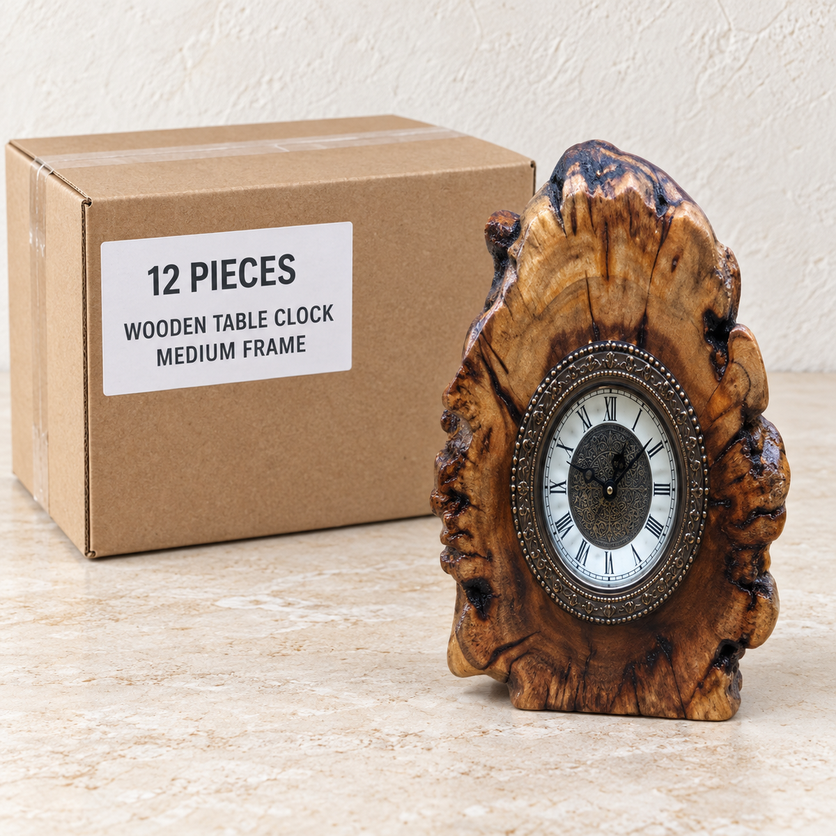 Wooden Table Clocks — Box of 12 — 12 × Wooden Table Clock - Medium Frame. Representative samples beside illustrative wholesale carton.