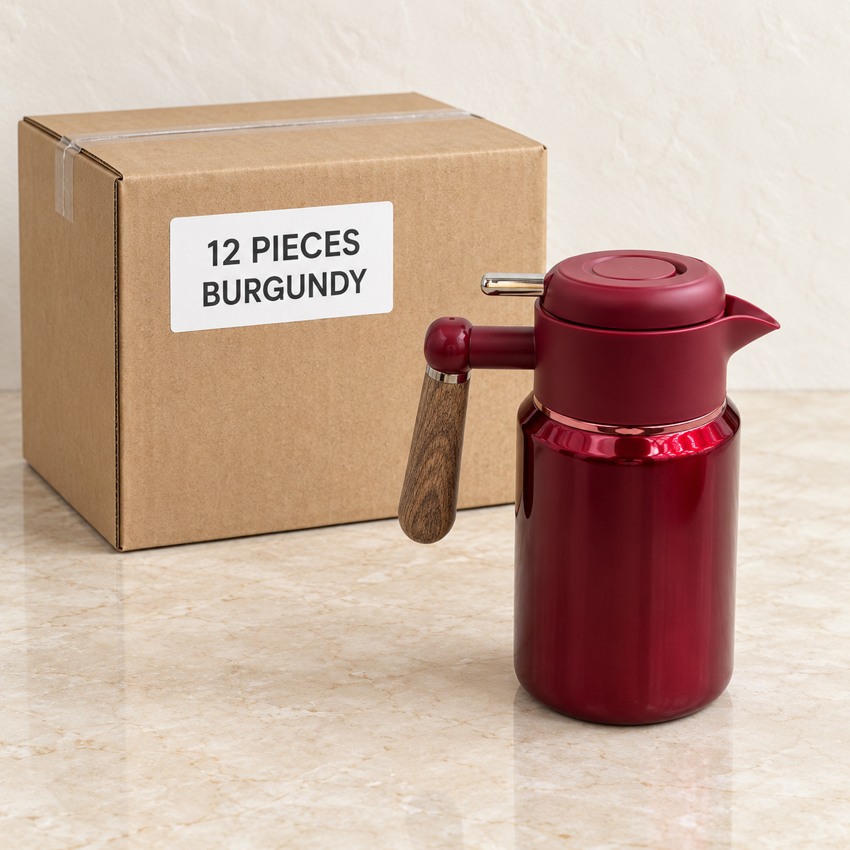 Stainless Steel Thermal Jugs — Box of 12 — 12 × Burgundy. Representative samples beside illustrative wholesale carton.