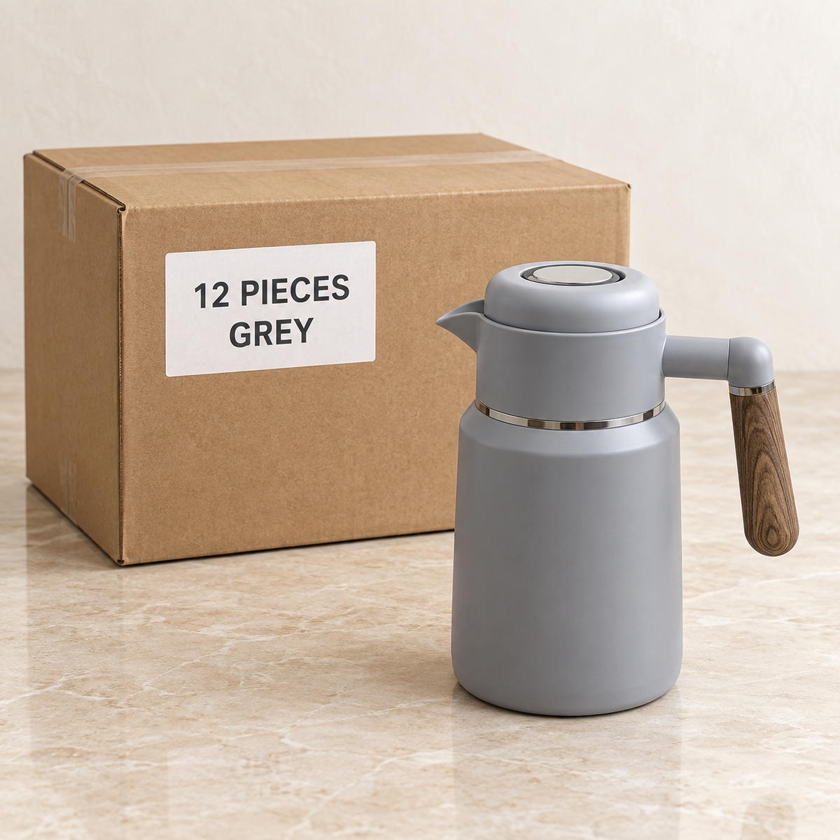 Stainless Steel Thermal Jugs — Box of 12 — 12 × Grey. Representative samples beside illustrative wholesale carton.