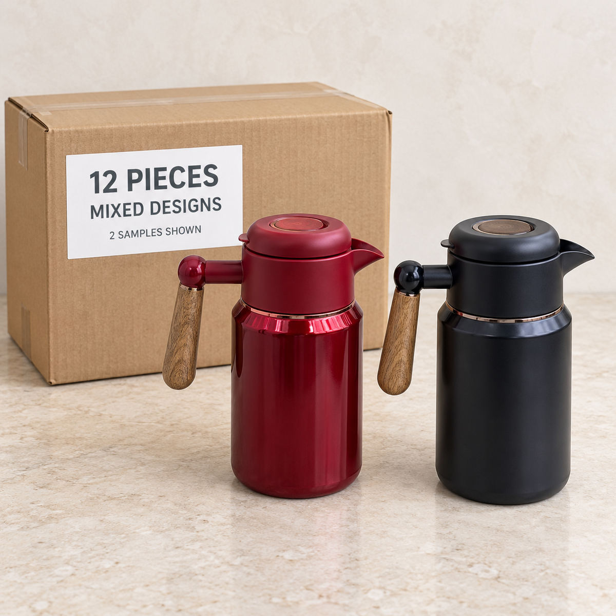 Stainless Steel Thermal Jugs — Box of 12 — Mixed box — 4 of each design. Representative samples beside illustrative wholesale carton.