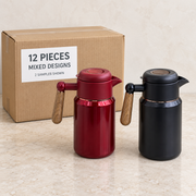 Stainless Steel Thermal Jugs — Box of 12 — Mixed box — 4 of each design. Representative samples beside illustrative wholesale carton.