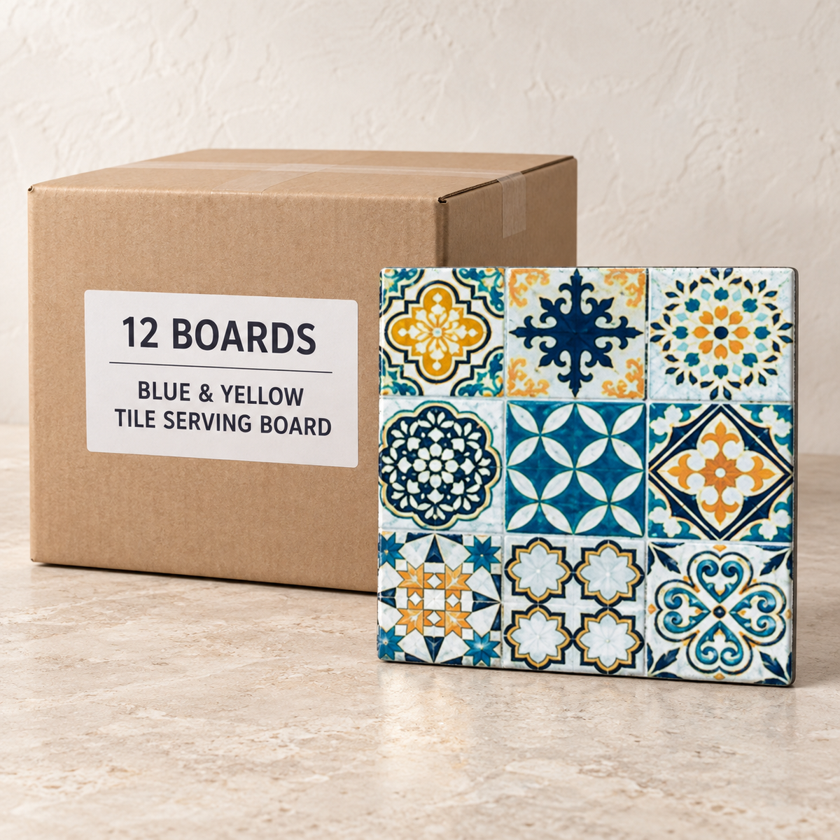 Turkish Tile Serving Boards — Box of 12 — 12 × Blue & Yellow Tile Serving Board. Representative samples beside illustrative wholesale carton.