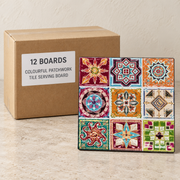 Turkish Tile Serving Boards — Box of 12 — 12 × Colourful Patchwork Tile Serving Board. Representative samples beside illustrative wholesale carton.