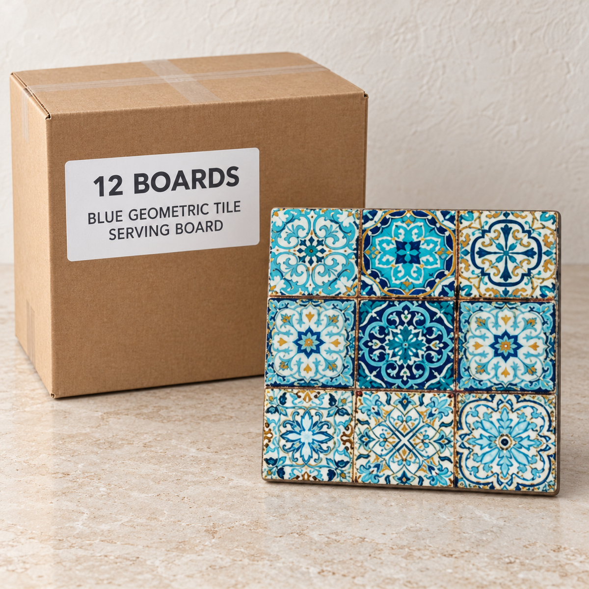 Turkish Tile Serving Boards — Box of 12 — 12 × Blue Geometric Tile Serving Board. Representative samples beside illustrative wholesale carton.