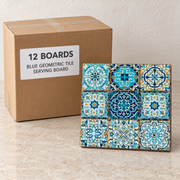Turkish Tile Serving Boards — Box of 12 — 12 × Blue Geometric Tile Serving Board. Representative samples beside illustrative wholesale carton.