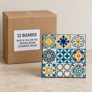 Turkish Tile Serving Boards — Box of 12 — 12 × Blue & Yellow Tile Serving Board - Alternate Design. Representative samples beside illustrative wholesale carton.
