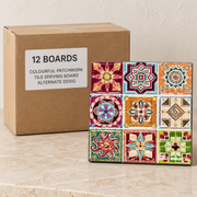 Turkish Tile Serving Boards — Box of 12 — 12 × Colourful Patchwork Tile Serving Board - Alternate Design. Representative samples beside illustrative wholesale carton.