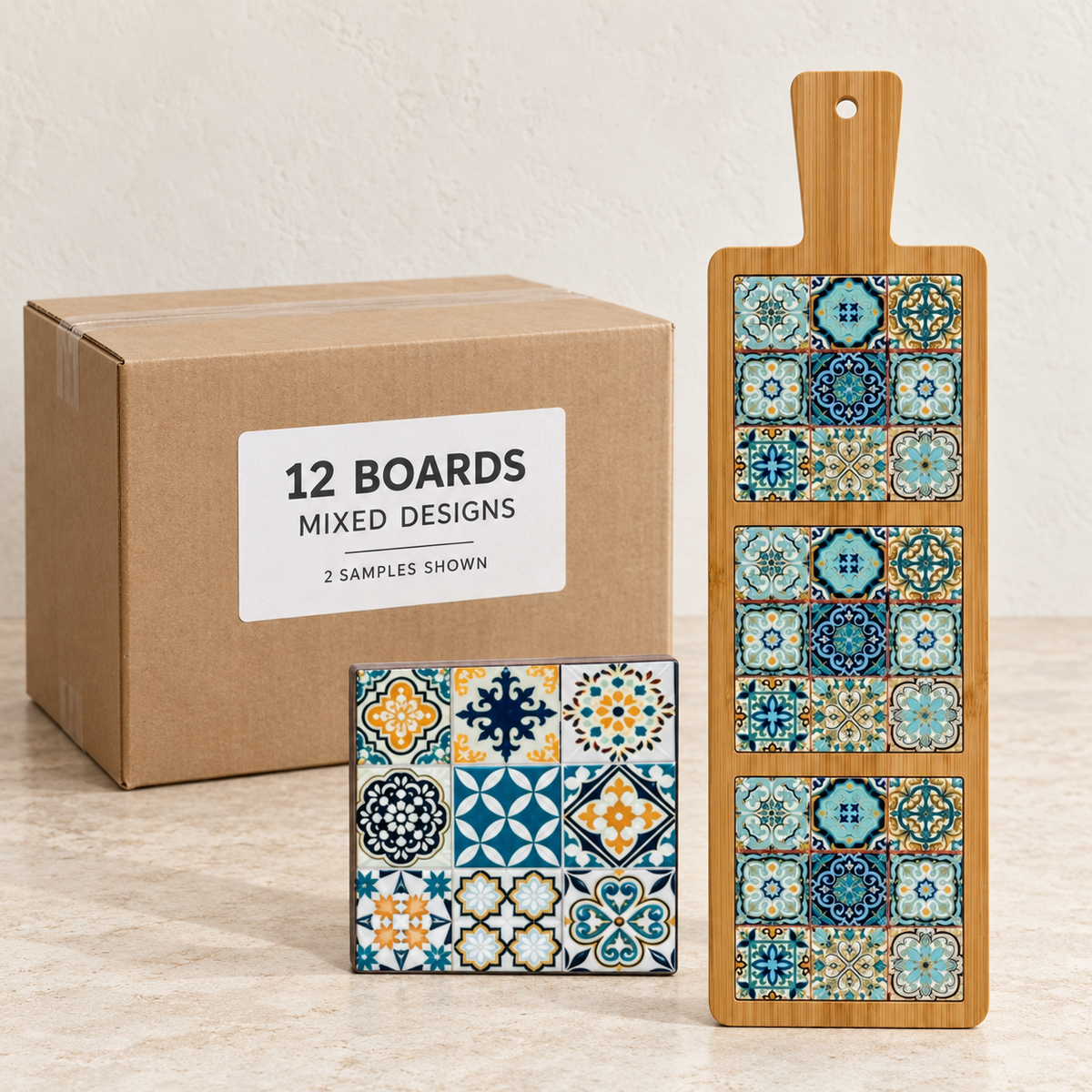 Turkish Tile Serving Boards — Box of 12 — Mixed box — 2 of each design. Representative samples beside illustrative wholesale carton.