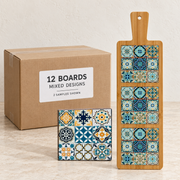Turkish Tile Serving Boards — Box of 12 — Mixed box — 2 of each design. Representative samples beside illustrative wholesale carton.