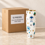 Evil Eye Decorative Vases — Box of 12 — 12 × Evil Eye Decorative Vase - Large. Representative samples beside illustrative wholesale carton.