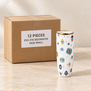 Evil Eye Decorative Vases — Box of 12 — 12 × Evil Eye Decorative Vase - Small. Representative samples beside illustrative wholesale carton.