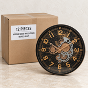 Vintage Gear Wall Clocks — Box of 12 — 12 × Vintage Gear Wall Clock - World Map. Representative samples beside illustrative wholesale carton.