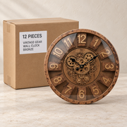 Vintage Gear Wall Clocks — Box of 12 — 12 × Vintage Gear Wall Clock - Bronze. Representative samples beside illustrative wholesale carton.