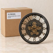 Vintage Gear Wall Clocks — Box of 12 — 12 × Vintage Gear Wall Clock - Black. Representative samples beside illustrative wholesale carton.