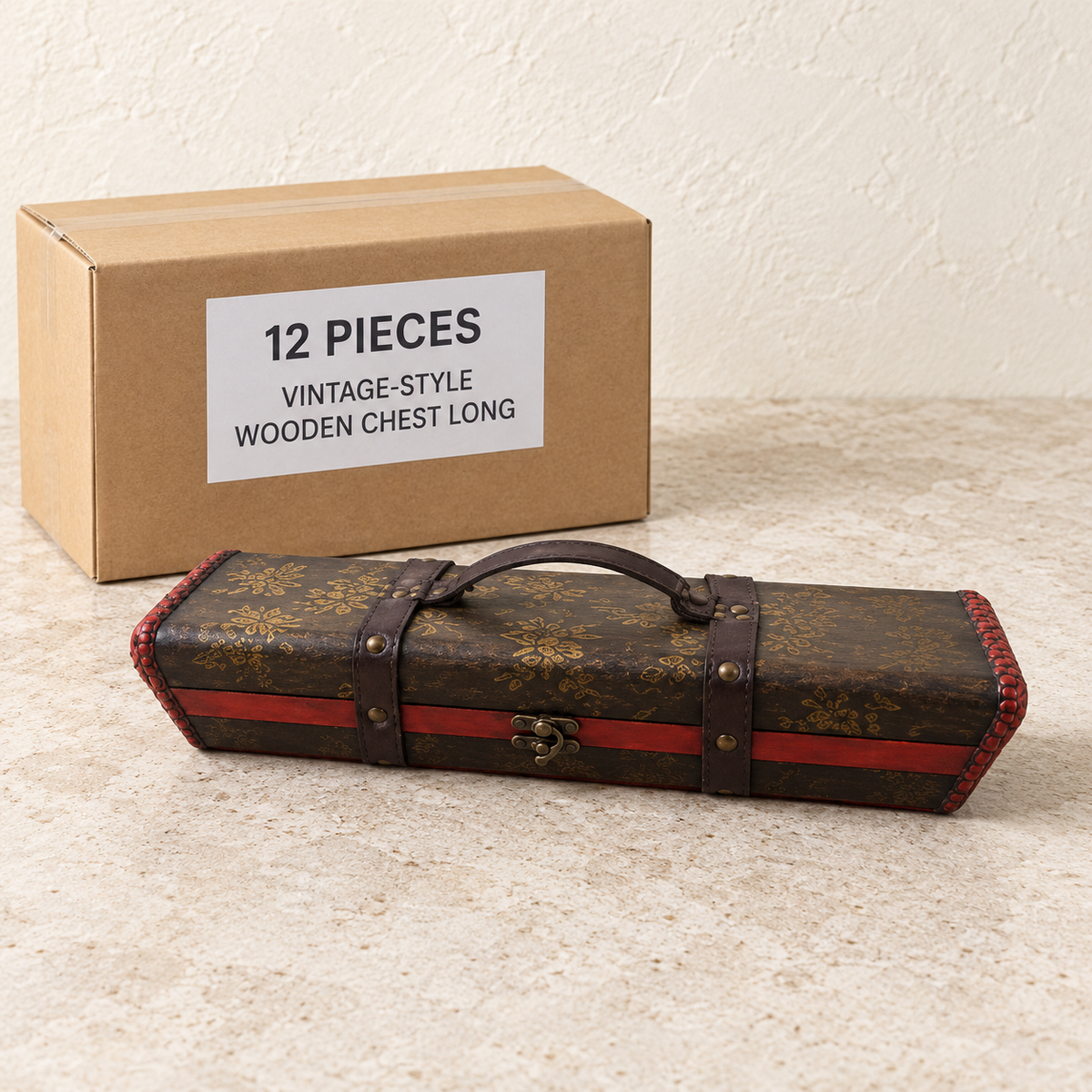 Vintage-Style Wooden Chests — Box of 12 — 12 × Vintage-Style Wooden Chest - Long. Representative samples beside illustrative wholesale carton.