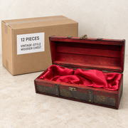Vintage-Style Wooden Chests — Box of 12 — 12 × Vintage-Style Wooden Chest. Representative samples beside illustrative wholesale carton.
